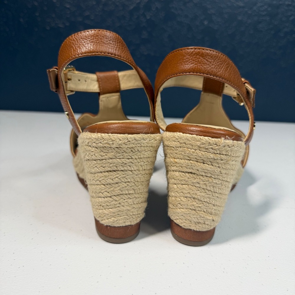 Cole Haan T-Strap Wedge Sandals 5.5W Brown Leather Espadrille - Picture 4 of 9